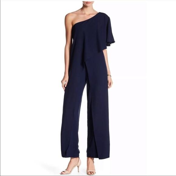 Marina Navy One Shoulder Flow Jumpsuit Sz 4 - Picture 1 of 11